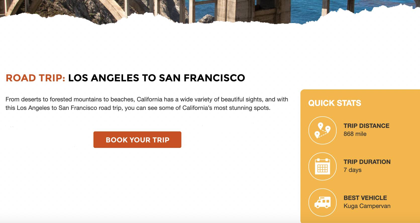 a webpage showing Travellers Autobarn Kuga Campervan itinerary