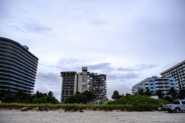 The partially collapsed Champlain Towers South building.